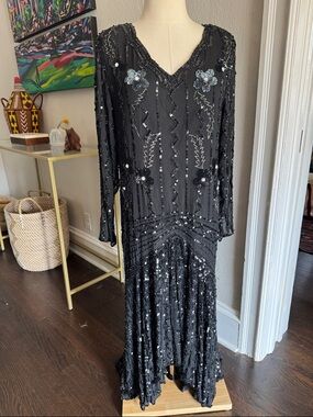 Vintage Oleg Cassini Black Long Sleeve Beaded Sequin Evening Gown
